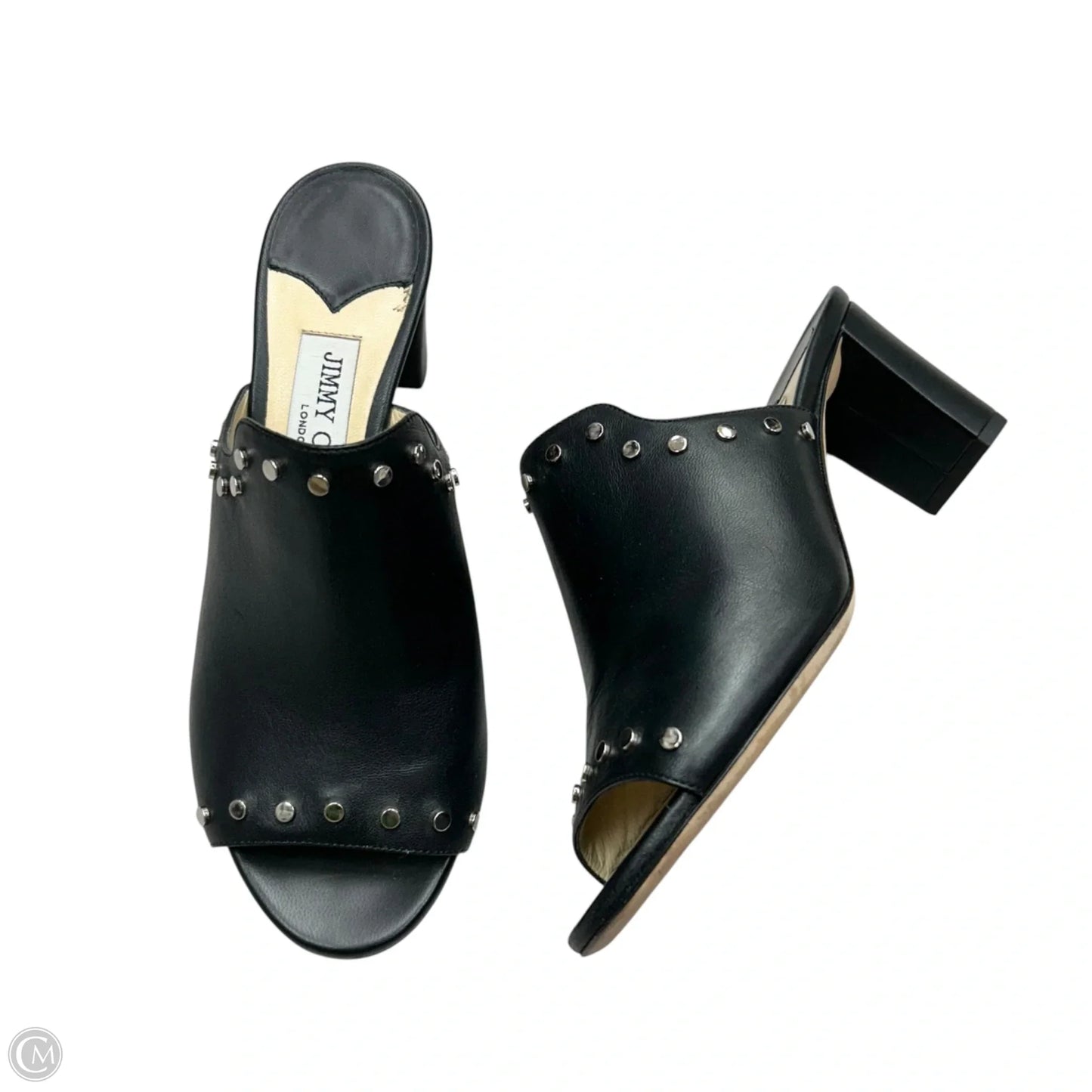 Sandals Luxury Designer By Jimmy Choo In Black & Silver, Size: 6.5
