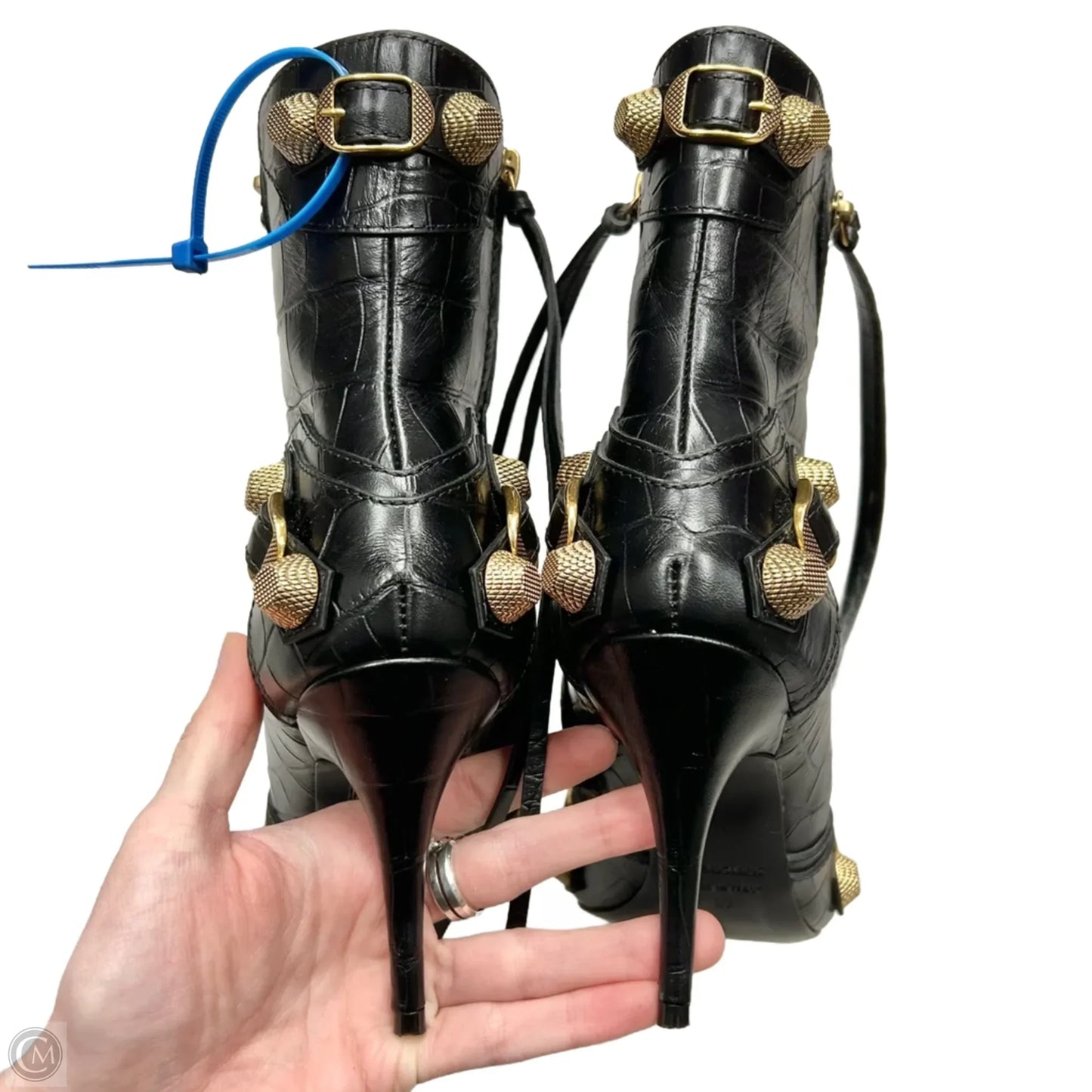 Boots Luxury Designer By Balenciaga In Black & Gold, Size: 7