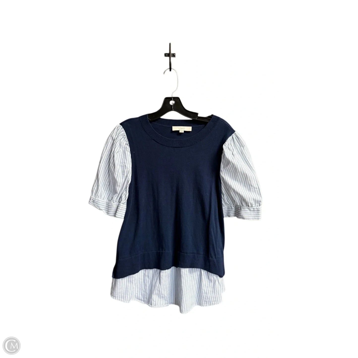 Blouse Short Sleeve By Loft In Blue & White, Size: L