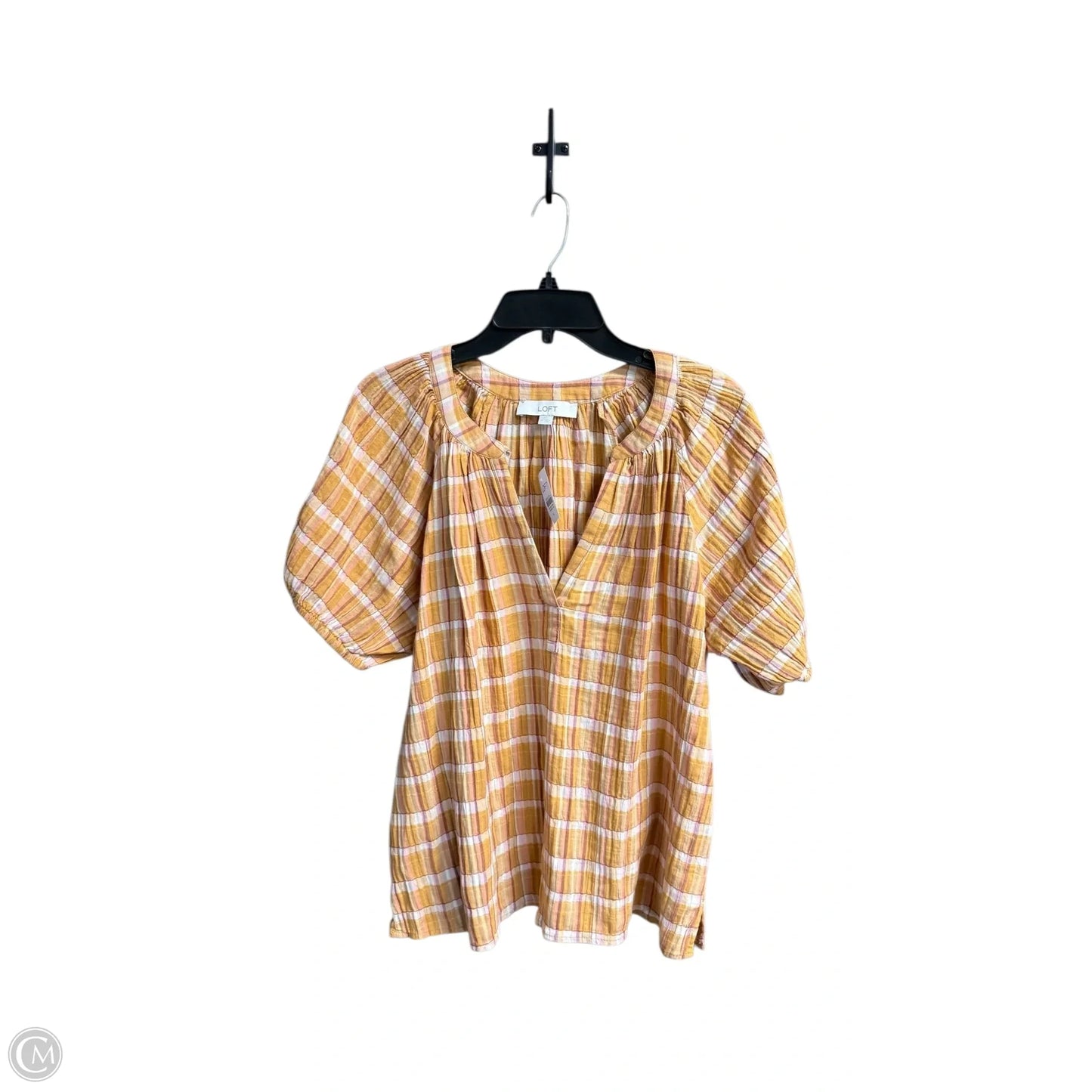 Top Short Sleeve By Loft In Plaid Pattern, Size: M