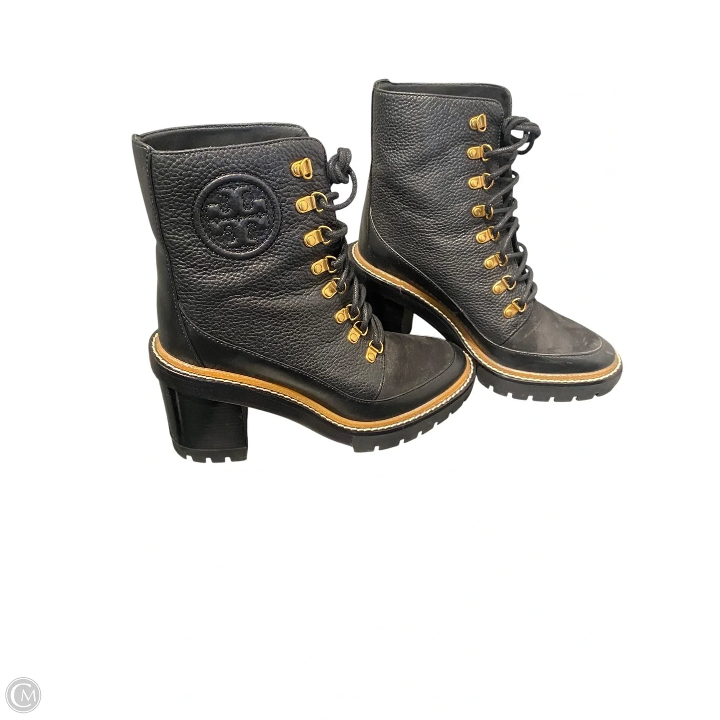 Boots Designer By Tory Burch In Black & Gold, Size: 7