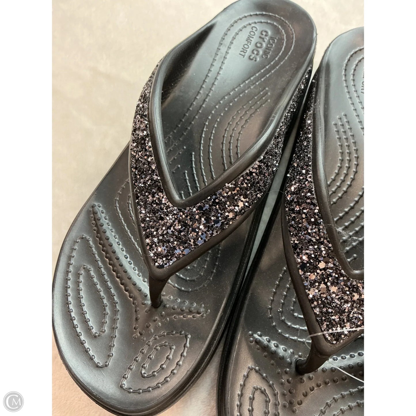 Sandals Flip Flops By Crocs In Black, Size: 10