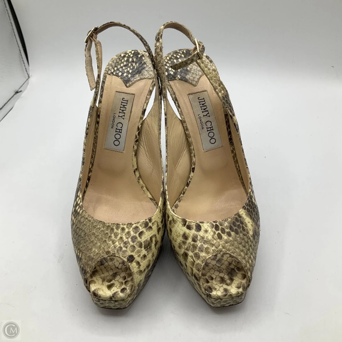 Sandals Luxury Designer By Jimmy Choo In Snakeskin Print, Size: 7.5