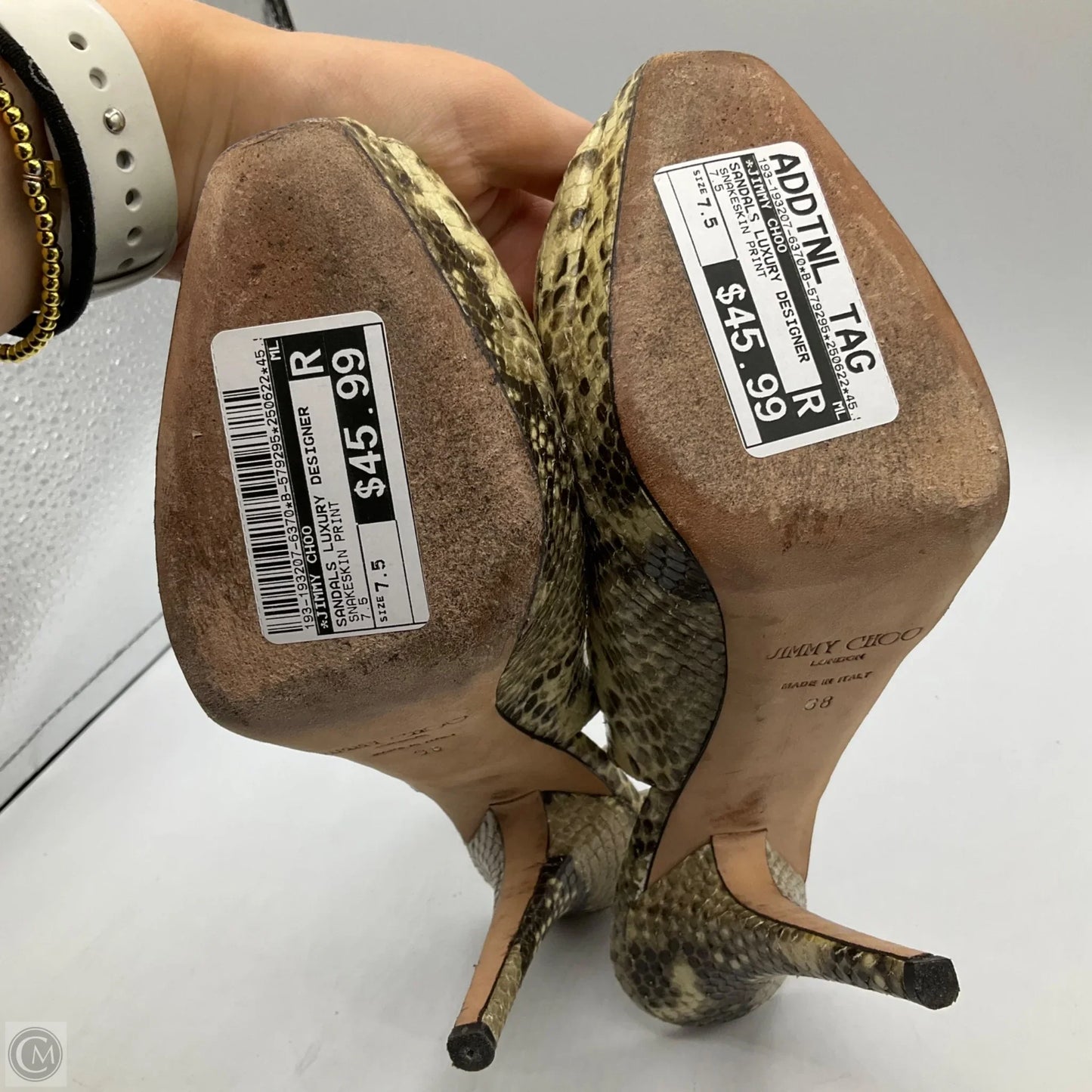 Sandals Luxury Designer By Jimmy Choo In Snakeskin Print, Size: 7.5