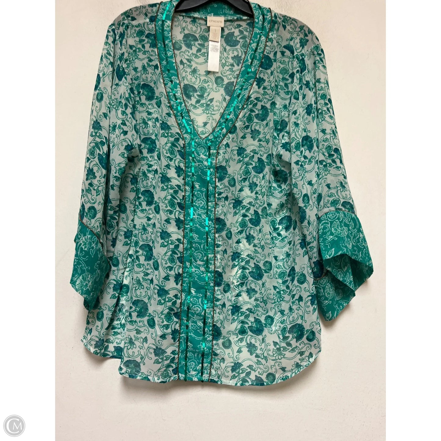 Top Long Sleeve By Chicos In Green & White, Size: M