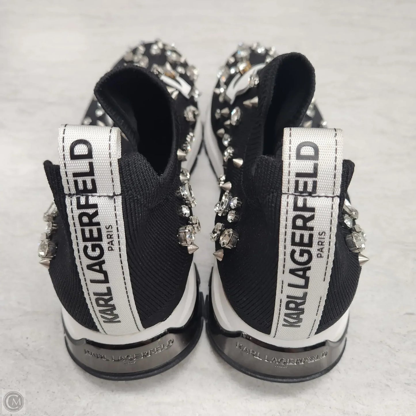 Shoes Designer By Karl Lagerfeld In Black & Silver, Size: 10