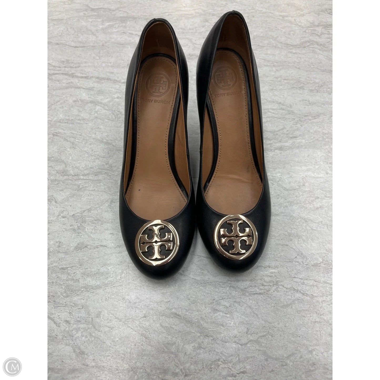 Shoes Designer By Tory Burch In Black & Gold, Size: 5