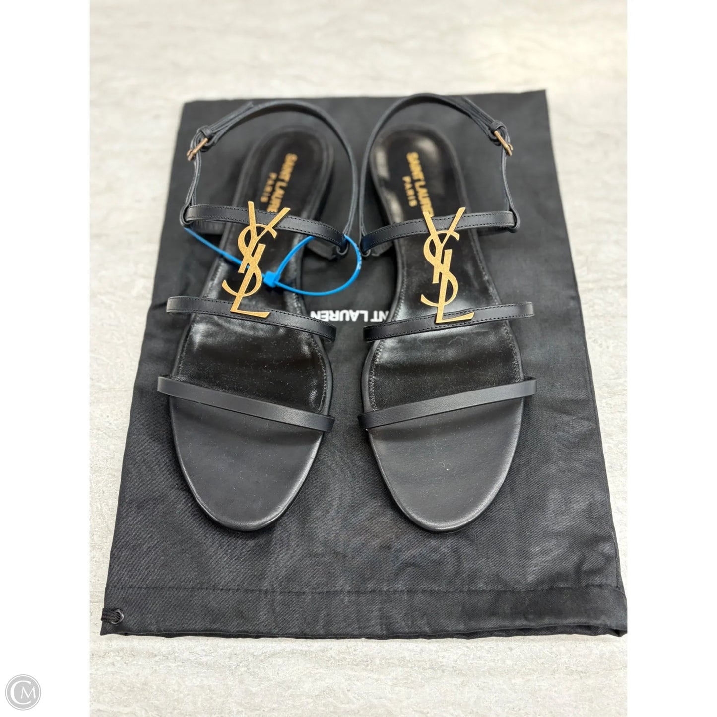 Sandals Luxury Designer By Yves Saint Laurent In Black & Gold, Size: 9.5