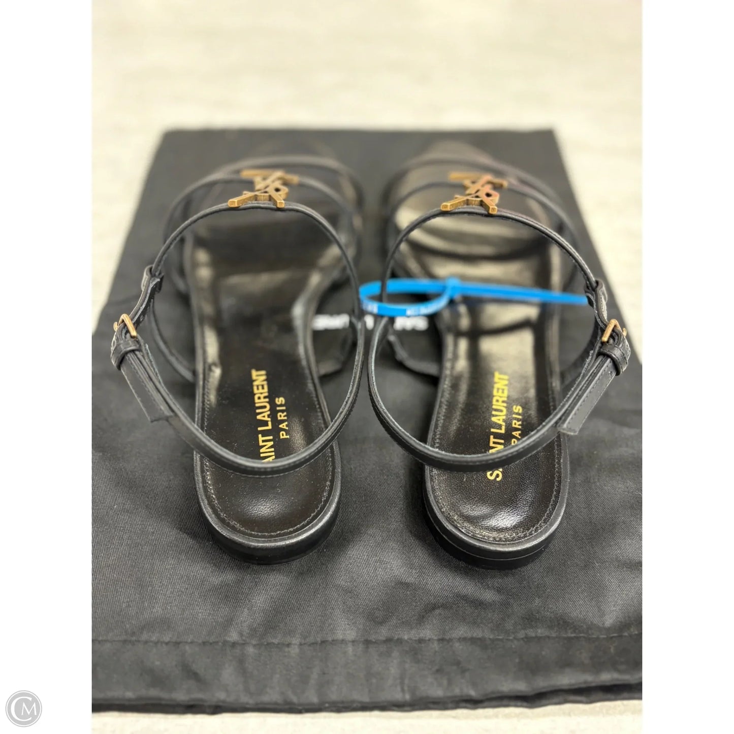 Sandals Luxury Designer By Yves Saint Laurent In Black & Gold, Size: 9.5