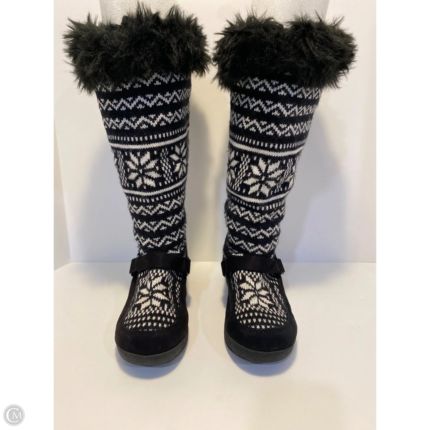 Boots Knee Heels By Clothes Mentor In Black & White, Size: 9