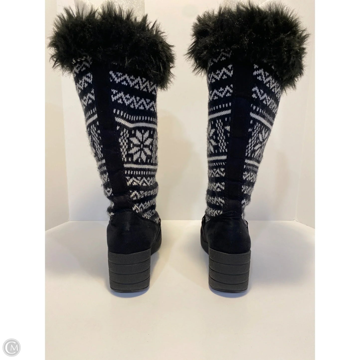 Boots Knee Heels By Clothes Mentor In Black & White, Size: 9