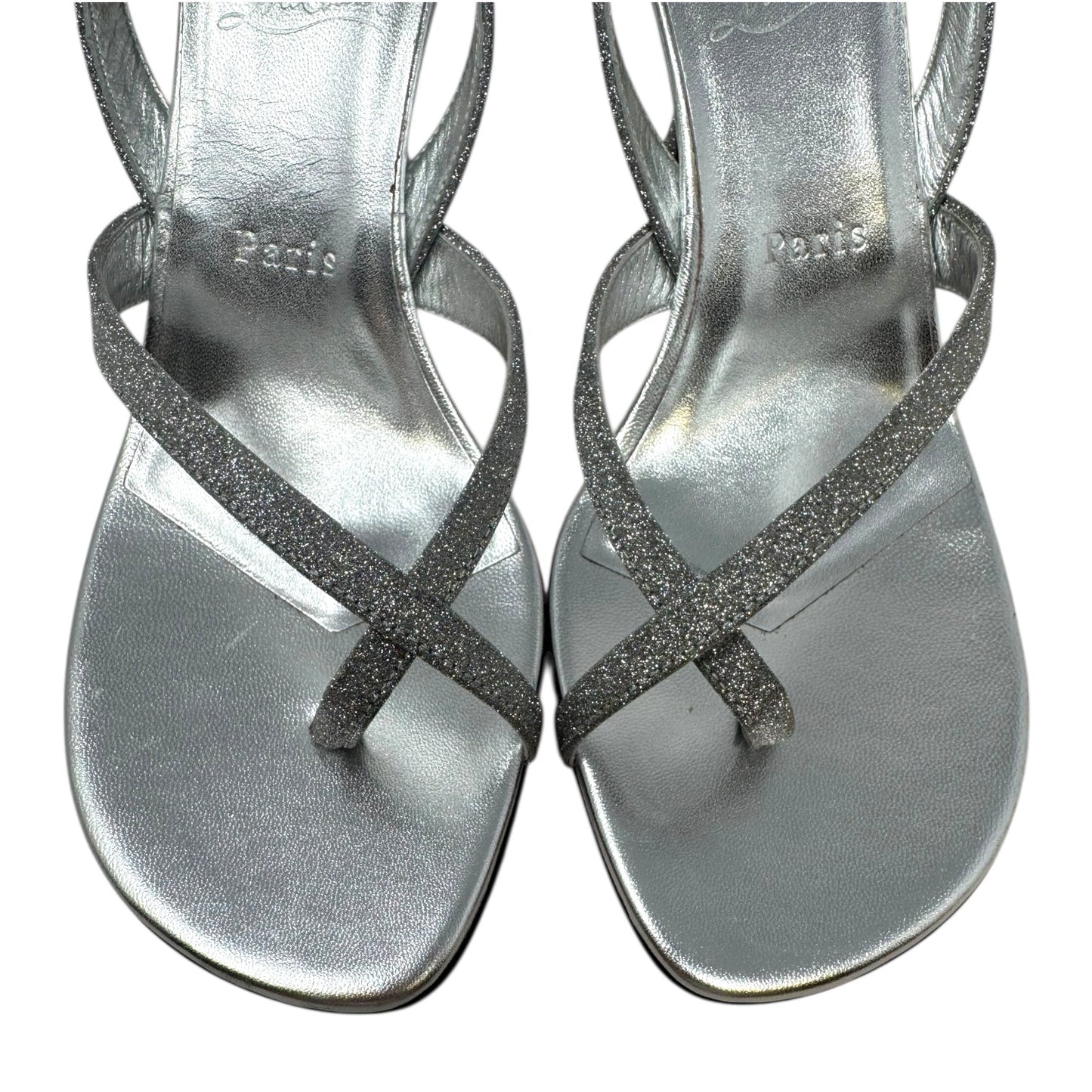 Taralita Glitter 85mm Slingback Heel Sandals Shoes Luxury Designer By Christian Louboutin In Silver, Size: 9 (IT 40)