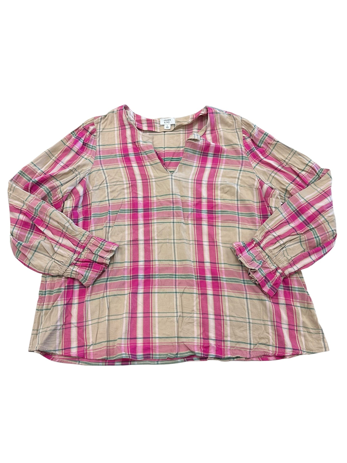 Blouse Ls By Crown And Ivy In Pink & Tan, Size:L