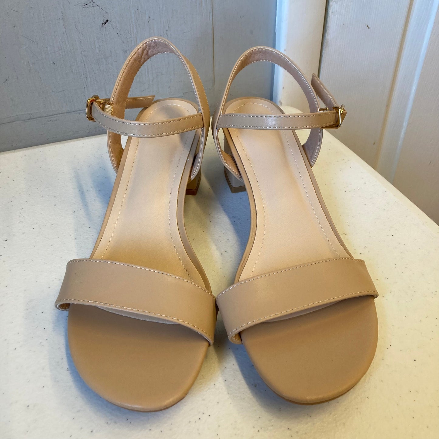 Sandals Heels Block In Beige, Size:11.5