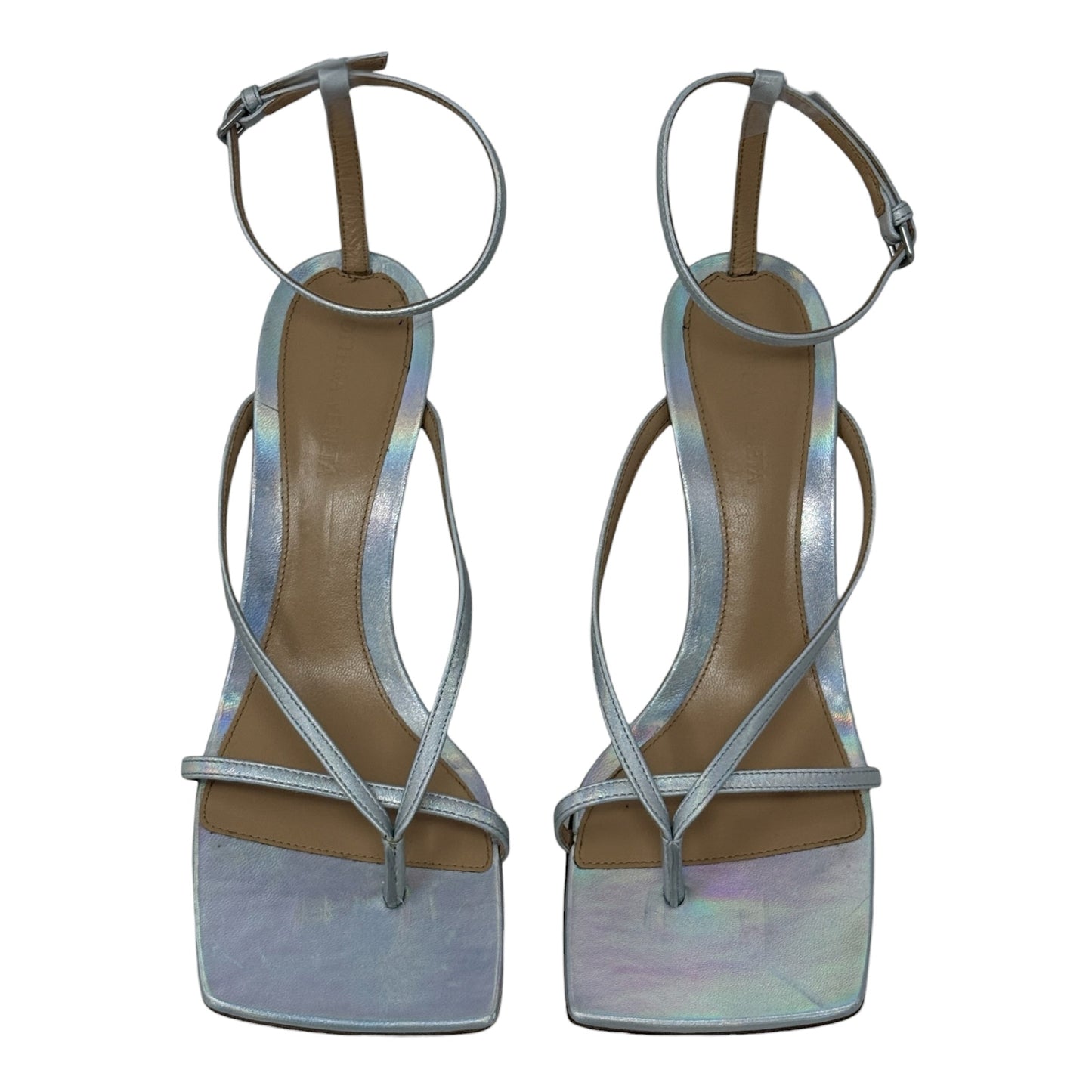 Stretch Iridescent Leather Sandals Luxury Designer By Bottega Veneta In Silver, Size: 9 (IT 39)