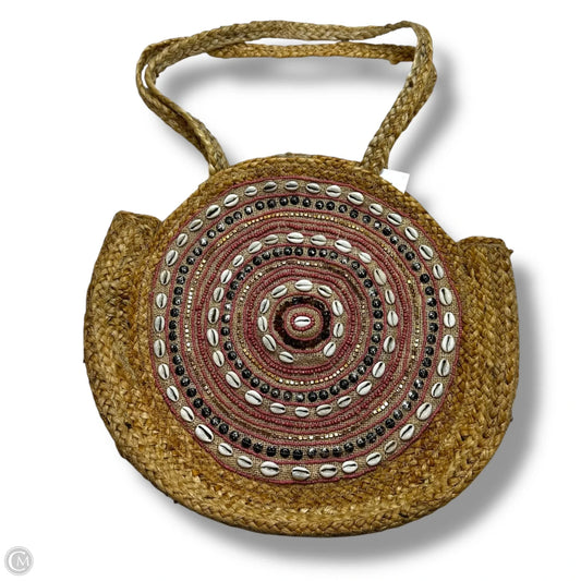 Jute Bohemian Woven Shell Beaded Round Straw Shoulder Bag By Antik Kraft, Size: Medium