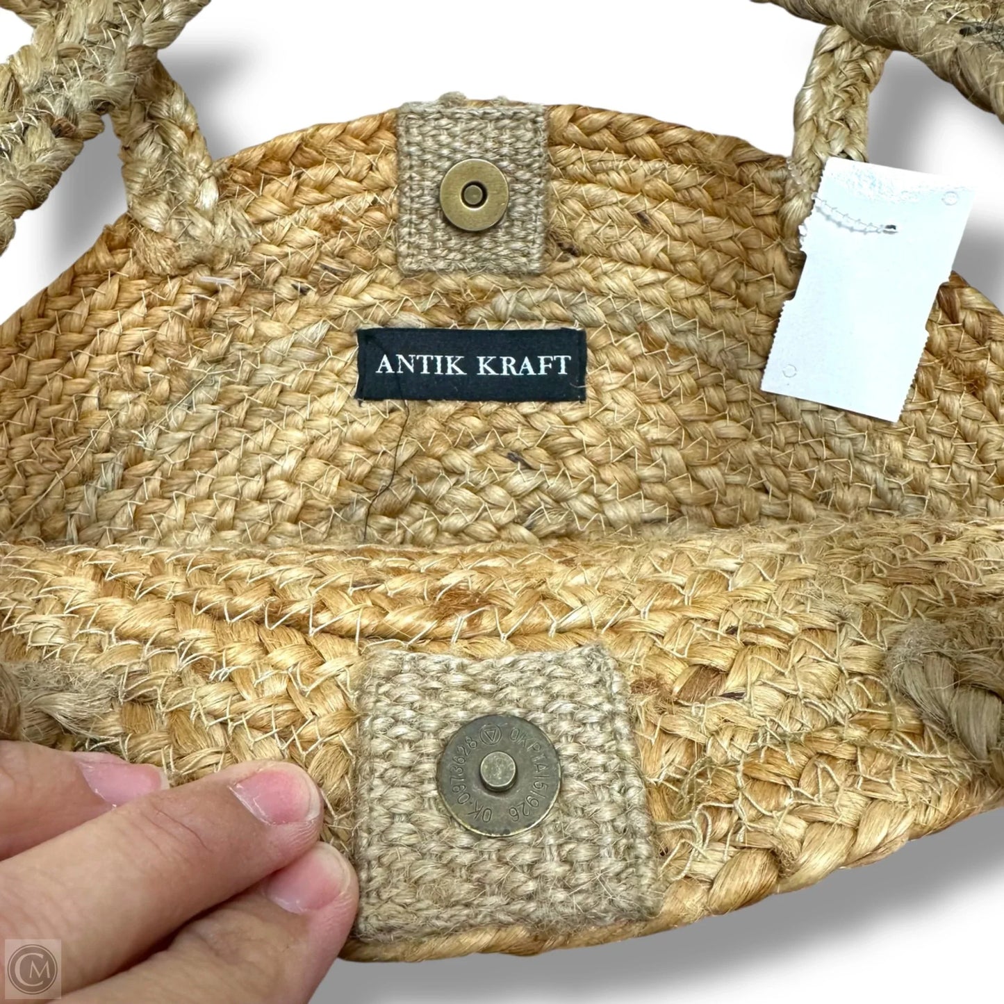 Jute Bohemian Woven Shell Beaded Round Straw Shoulder Bag By Antik Kraft, Size: Medium