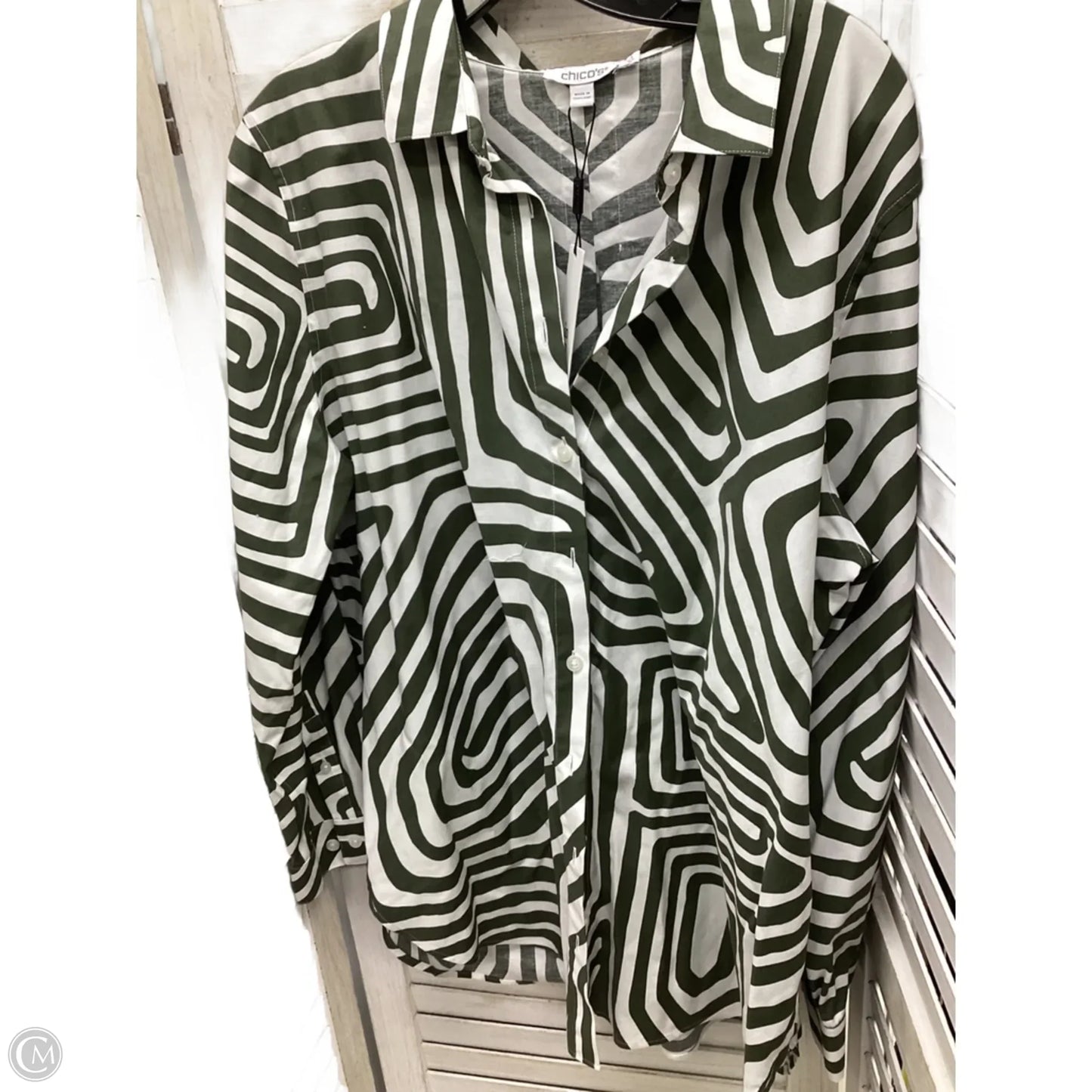 Top Long Sleeve By Chicos In Green & White, Size: 16