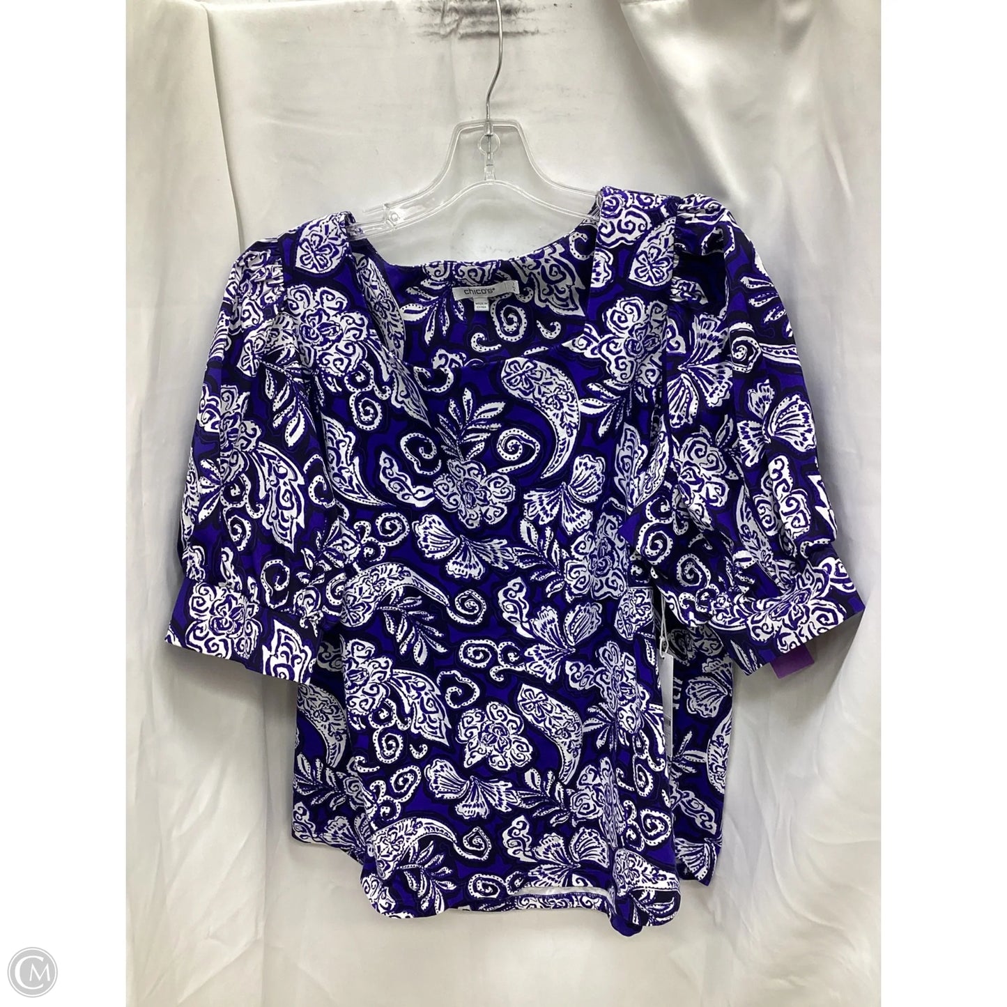 Blouse Short Sleeve By Chicos In Blue & White, Size: Xl