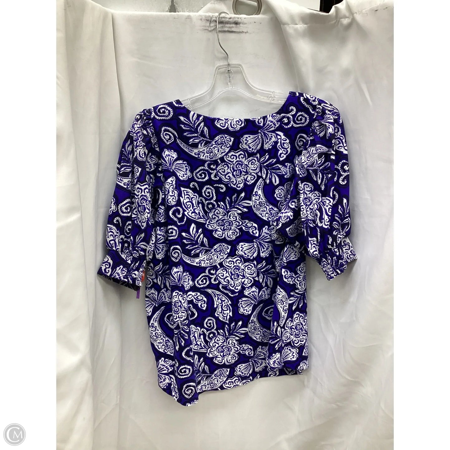 Blouse Short Sleeve By Chicos In Blue & White, Size: Xl