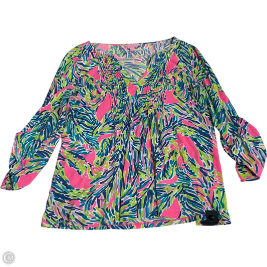 Top Long Sleeve Designer By Lilly Pulitzer In Green & Pink, Size: L