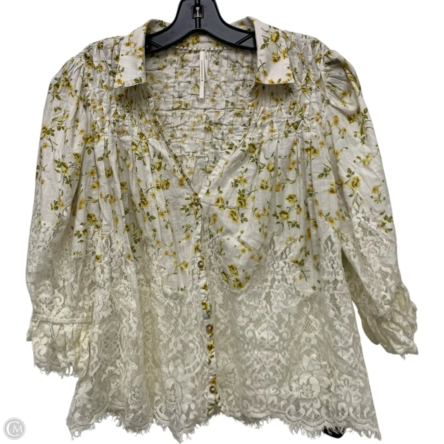 Top Long Sleeve By Anthropologie In White & Yellow, Size: M
