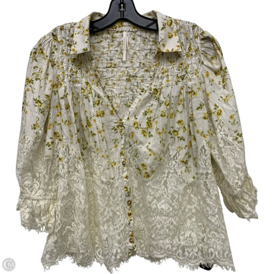Top Long Sleeve By Anthropologie In White & Yellow, Size: M