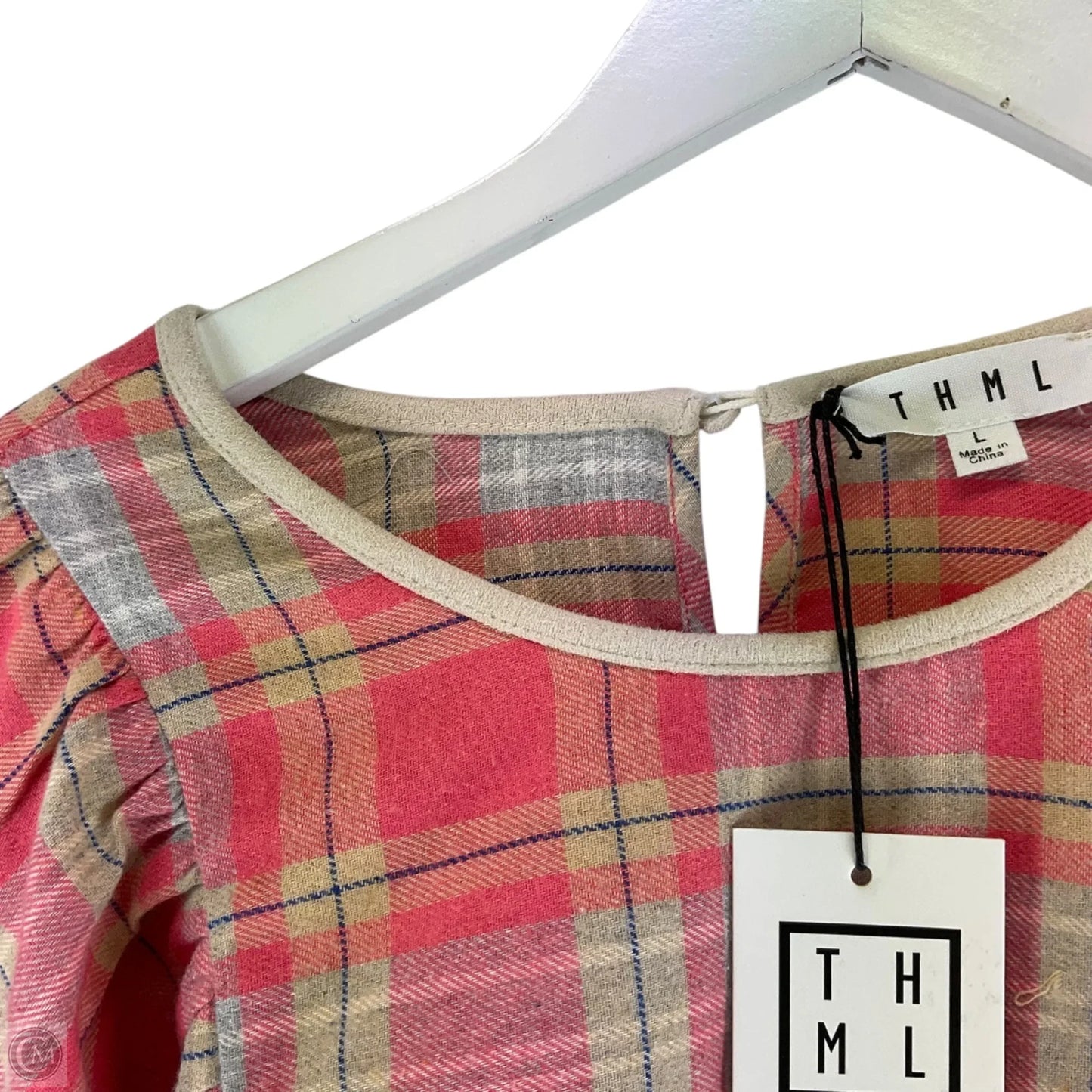 Top Short Sleeve By Thml In Plaid Pattern, Size: L
