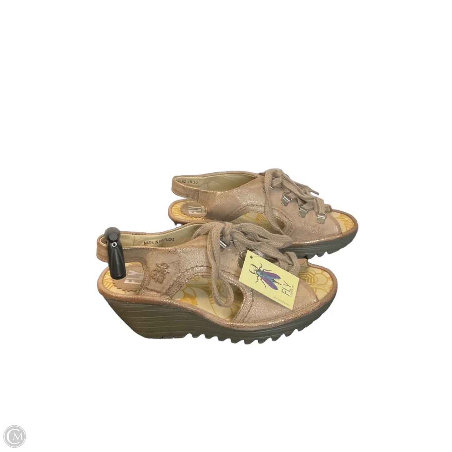 Sandals Heels Wedge By Fly London In Gold & Tan, Size: 6.5