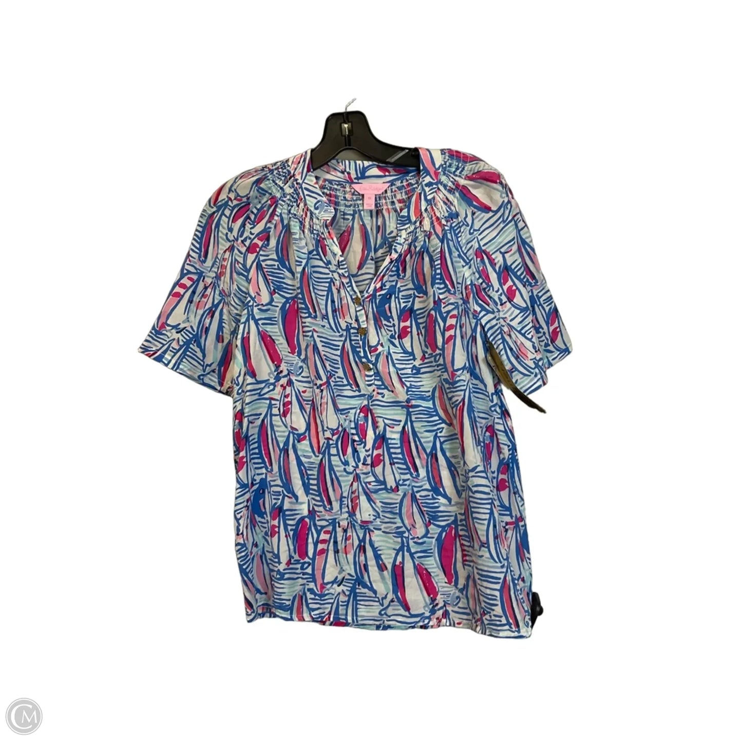 Top Short Sleeve Designer By Lilly Pulitzer In Blue & White, Size: Xs