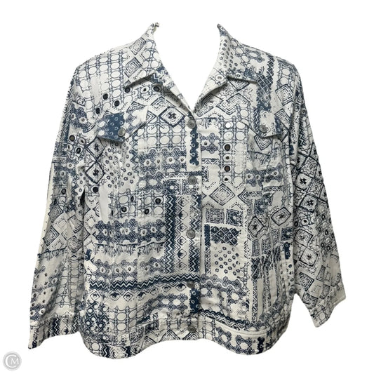Embellished Jacket Denim By Chicos In Blue & White, Size: Xxl