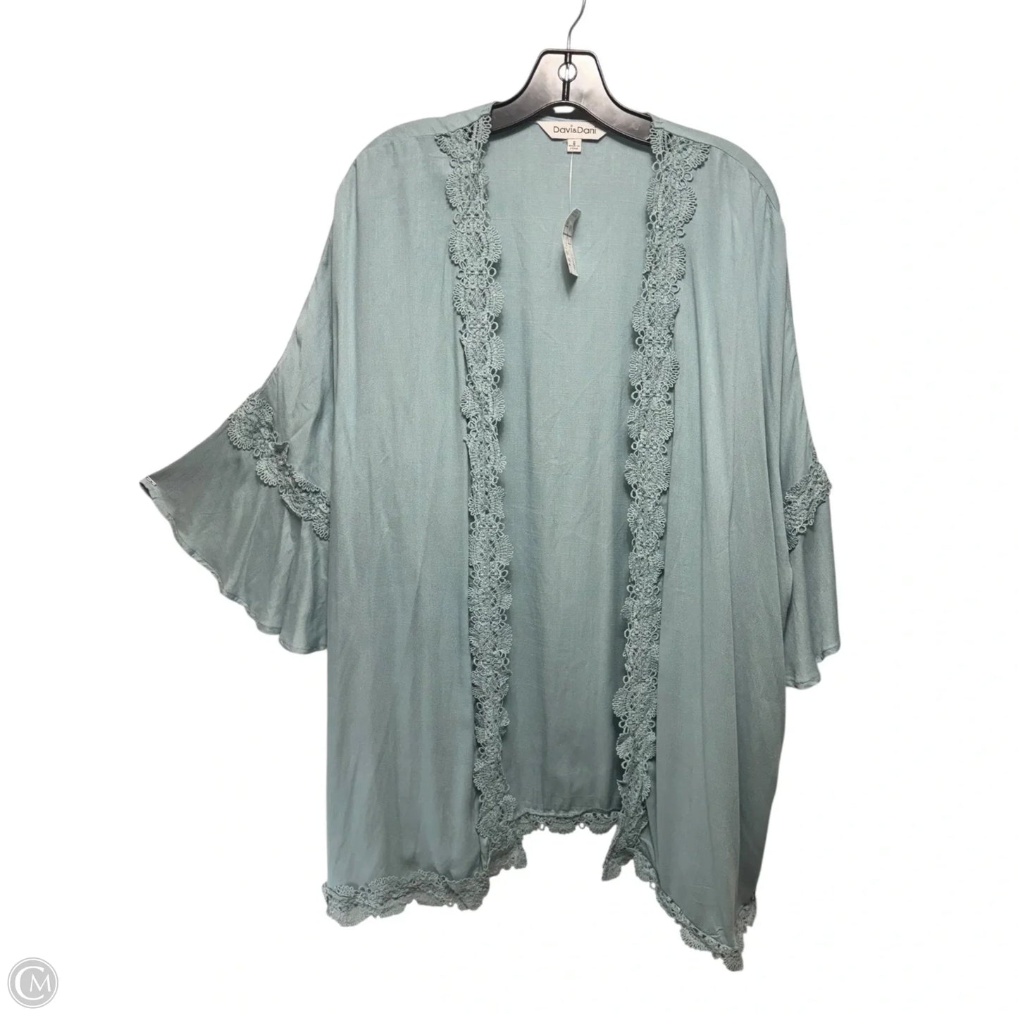 Lace Trim 3/4 Sleeve Open Front Kimono Cardigan By Davi & Dani In Blue, Size: S
