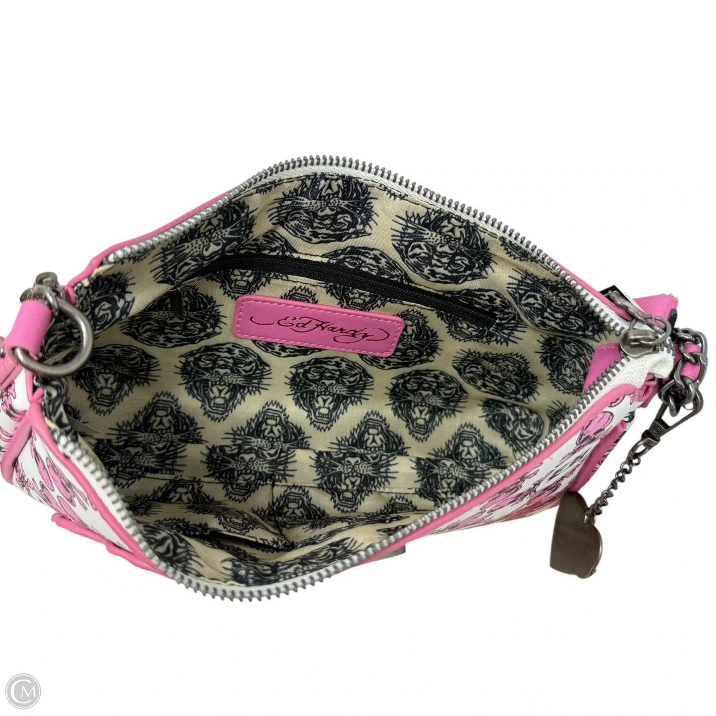 Pink Skull Tiger Shoulder Bag By Ed Hardy, Size: Small
