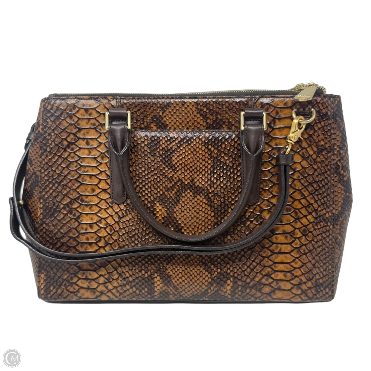 Snake Print Leather Satchel Designer By Brahmin, Size: Large
