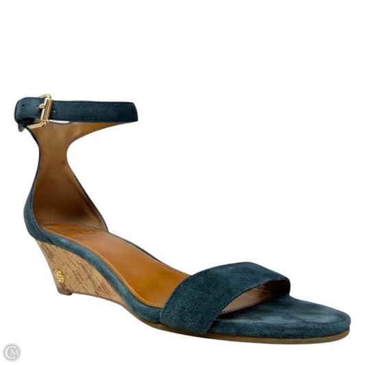 Savannah Suede Wedge Sandals Designer By Tory Burch In Teal, Size: 7.5
