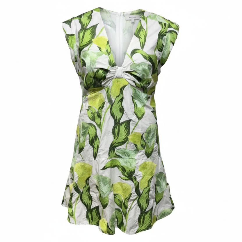 Eloise Twist Front Embroidered Tiered Mini Dress By Adelyn Rae In Green & White, Size: XL