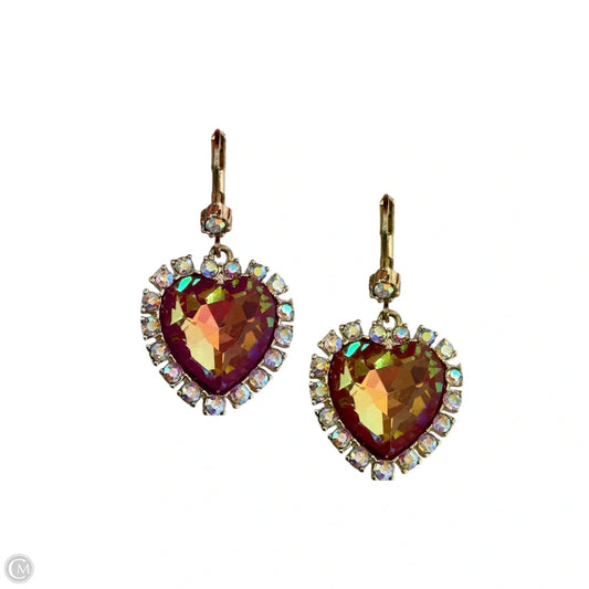 Gold Tone & Pink Iridescent Rhinestone Heart Drop Earrings By Betsey Johnson
