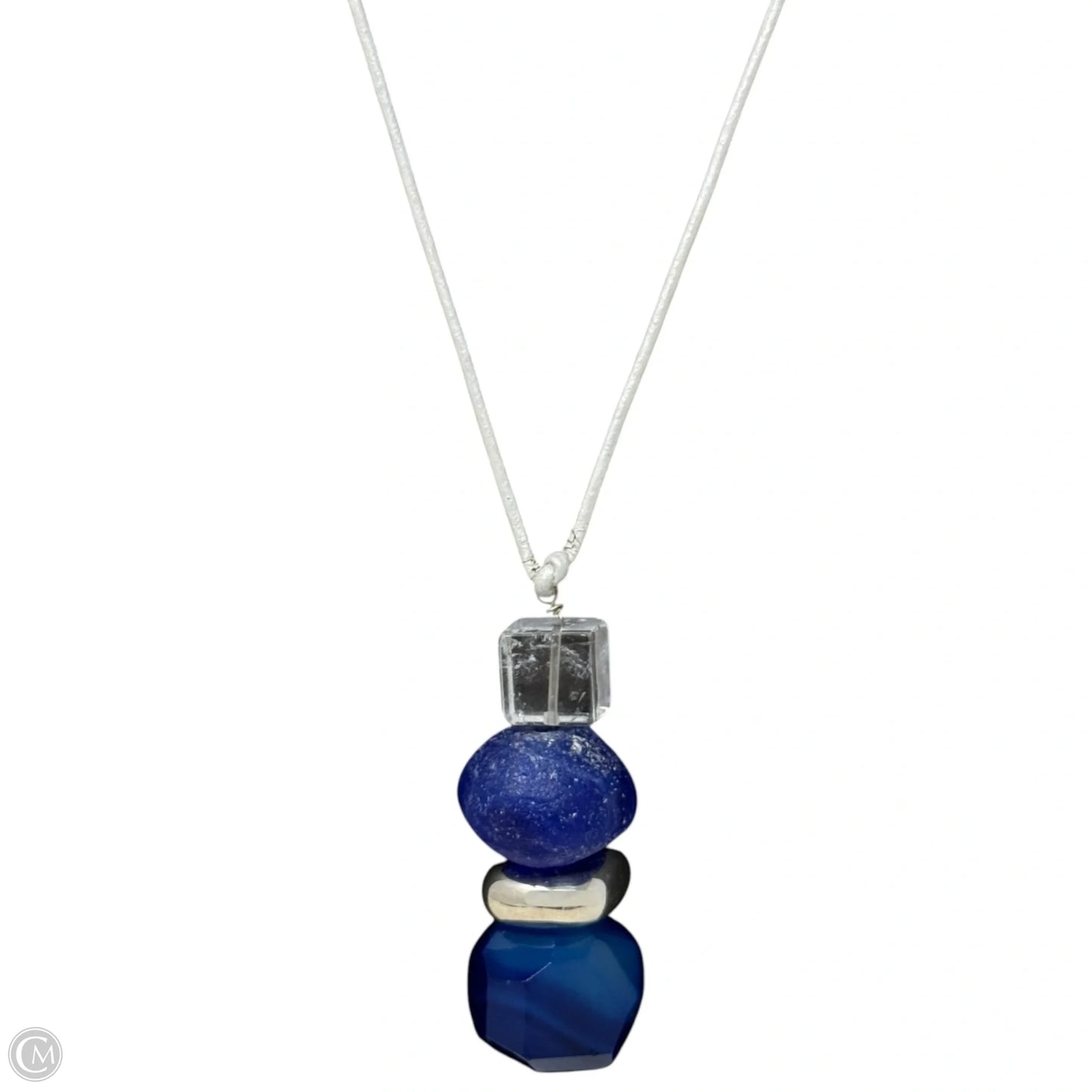 Sterling Silver, Stacked Blue Semi Precious Stone On Leather Cord Pendant Necklace By Simon Sebbag