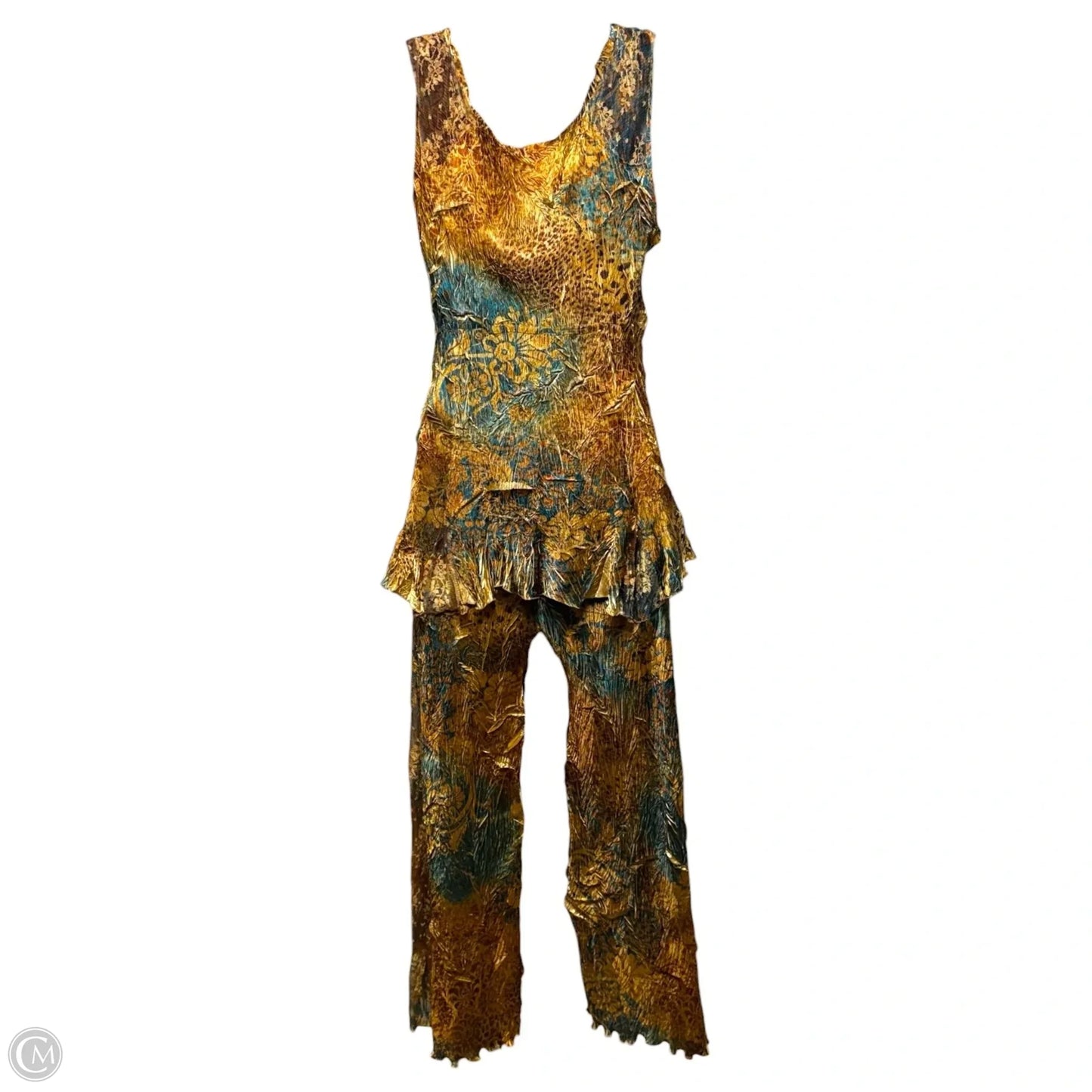 Crinkle Evening Tank & Trouser Set 2pc By Komarov In Gold & Green, Size: S