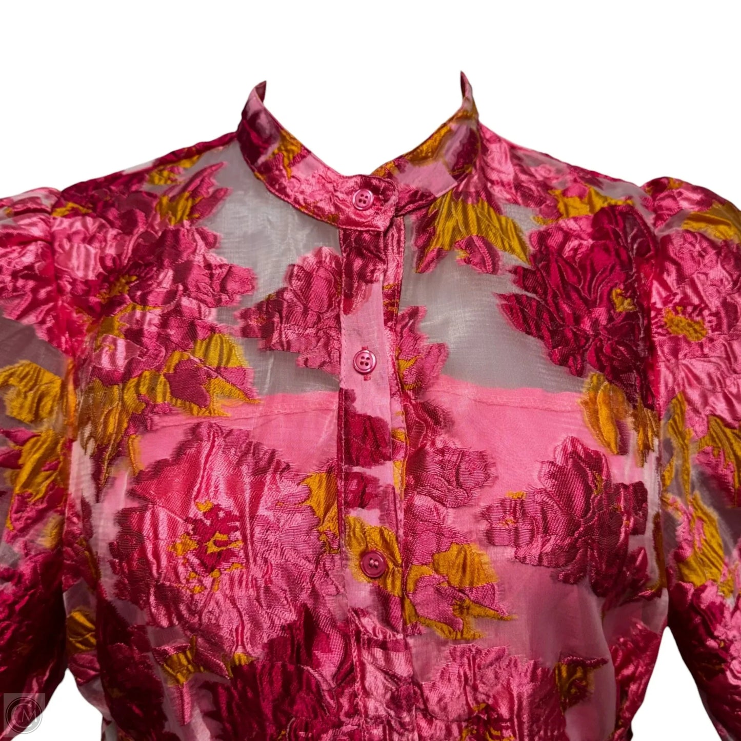 Floral Jacquard Puff Sleeve Organza Belted Dolly Dress By Chicwish In Pink, Size: S