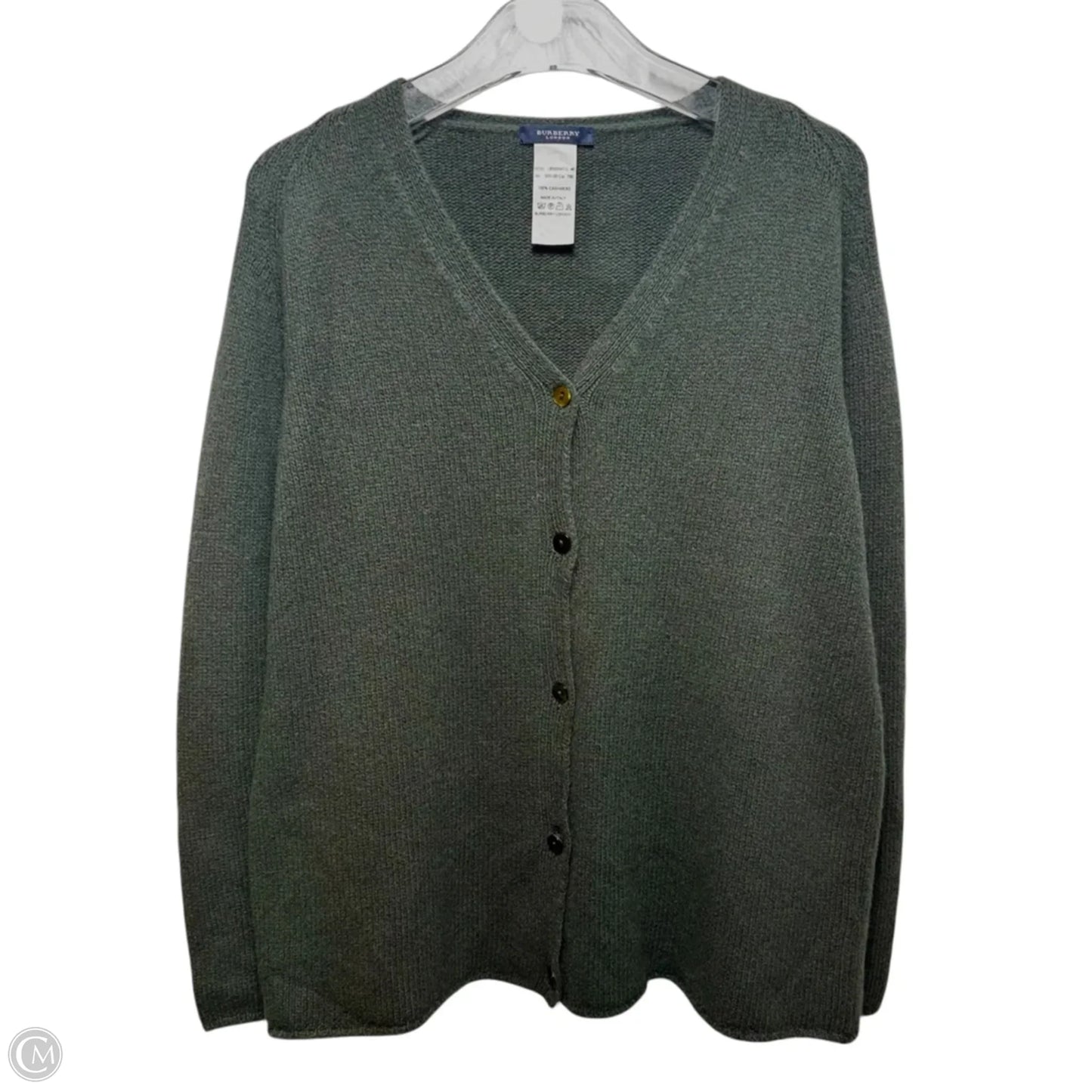 Vintage 100% Cashmere Sweater Cardigan Luxury Designer By Burberry In Green, Size: 14 (46)