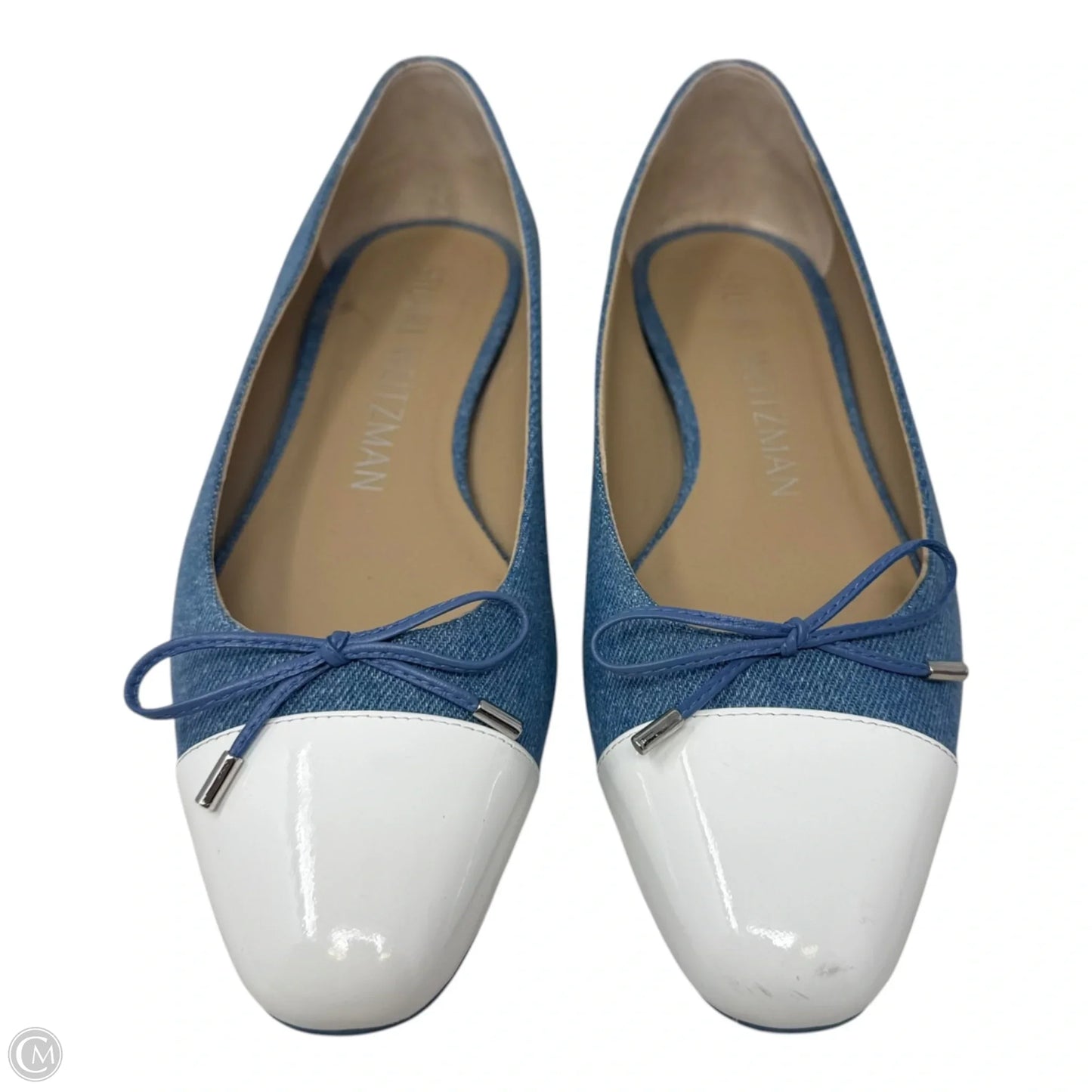 Cap Toe Denim Block Heel Shoes Designer By Stuart Weitzman In Blue Denim, Size: 8.5