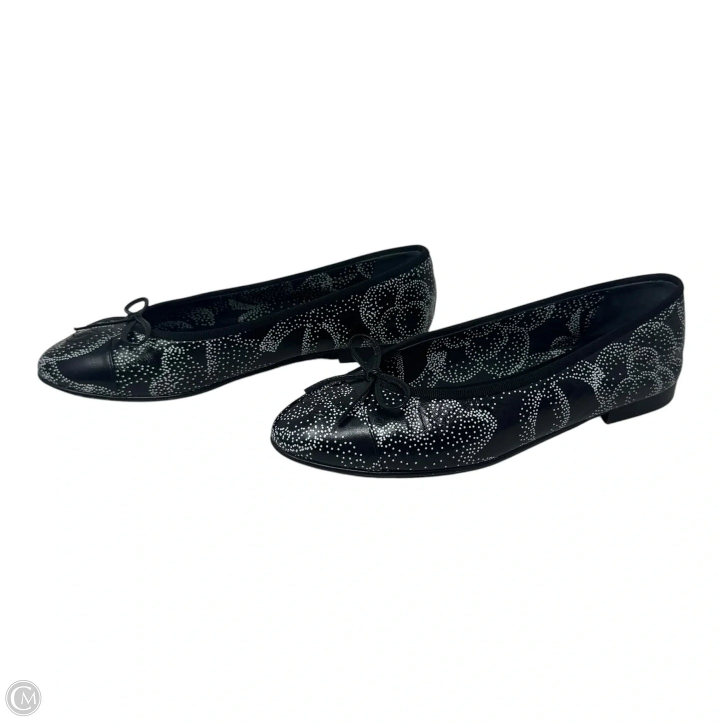 Camellia Printed Leather Cap Toe Ballerina Flats Shoes Luxury Designer By Chanel In Black & White, Size: 39.5
