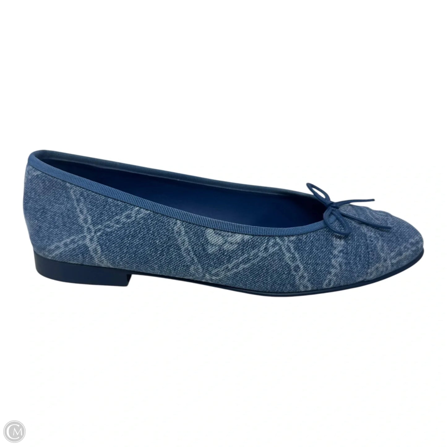 Printed Denim Cap Toe Ballerina Flats Shoes Luxury Designer By Chanel In Blue Denim, Size: 39.5