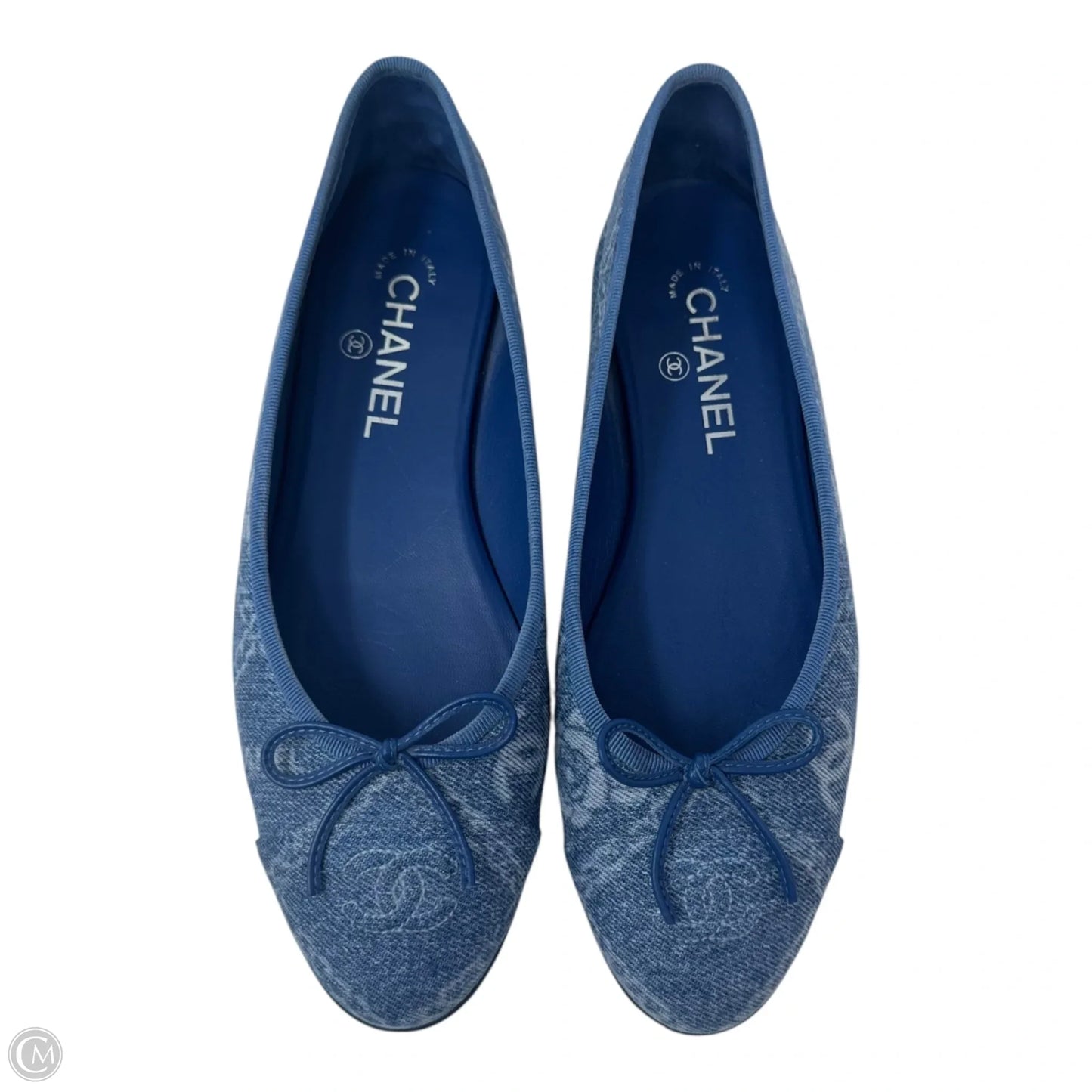 Printed Denim Cap Toe Ballerina Flats Shoes Luxury Designer By Chanel In Blue Denim, Size: 39.5