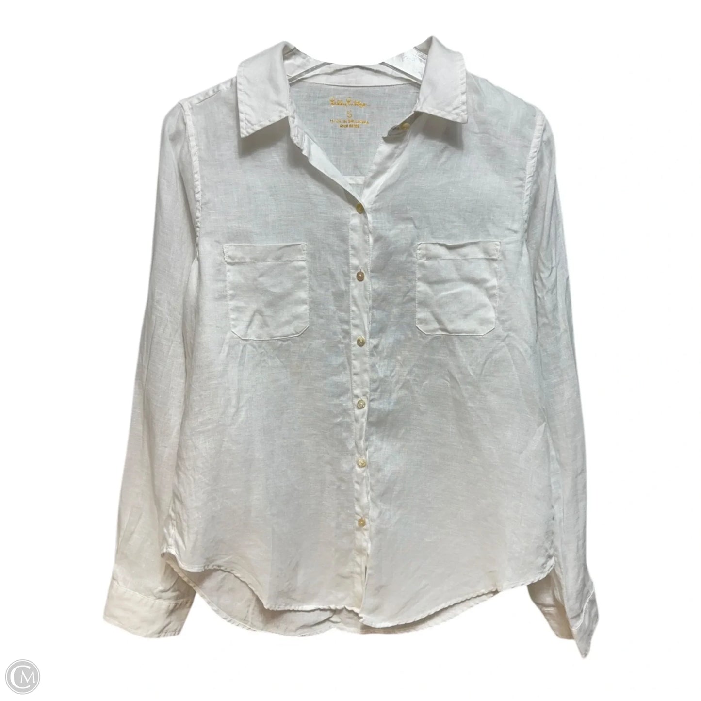 Sea View Linen Button Down Top Designer By Lilly Pulitzer In White, Size: S