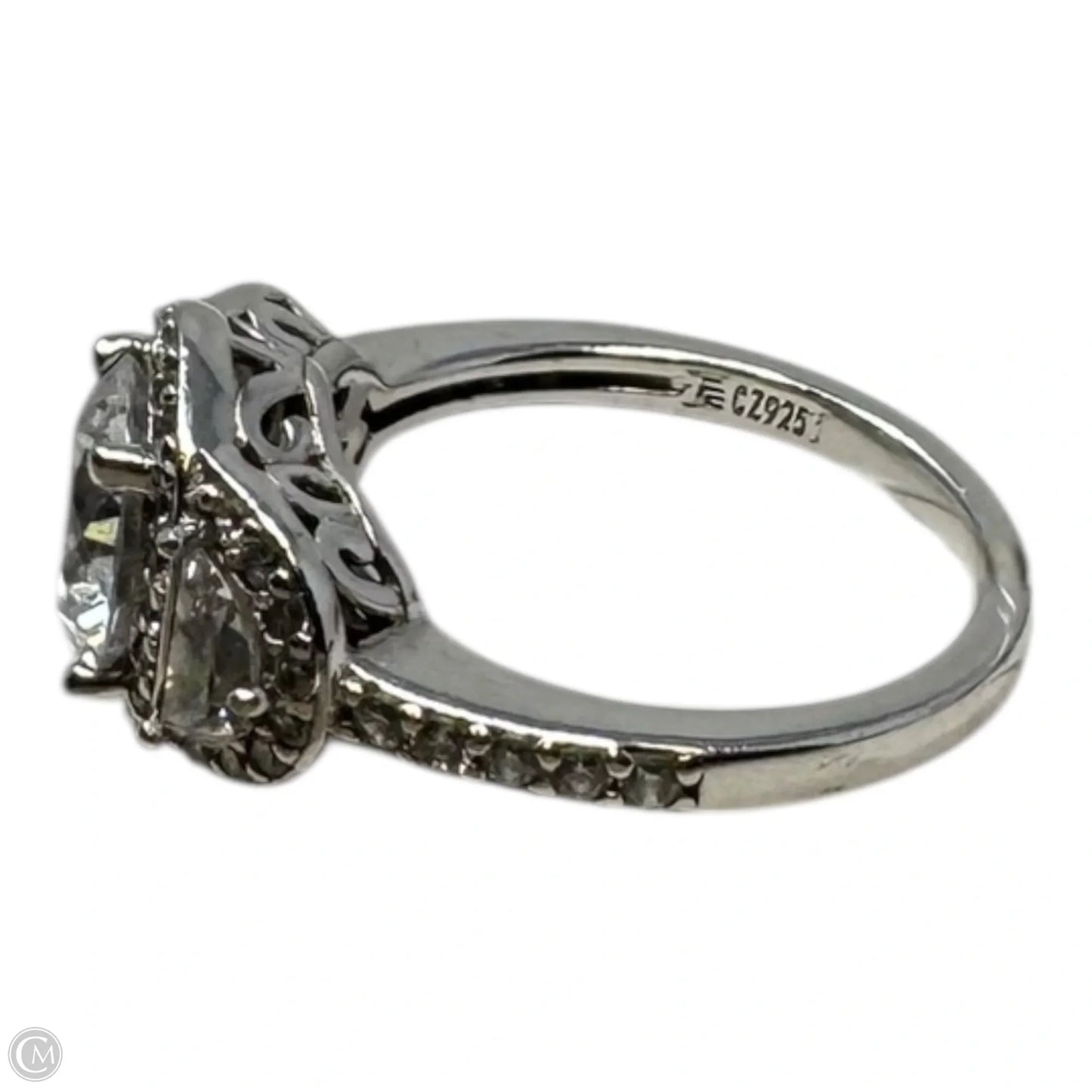 3 Stone Halo CZ & Sterling Silver Ring, Size: 7
