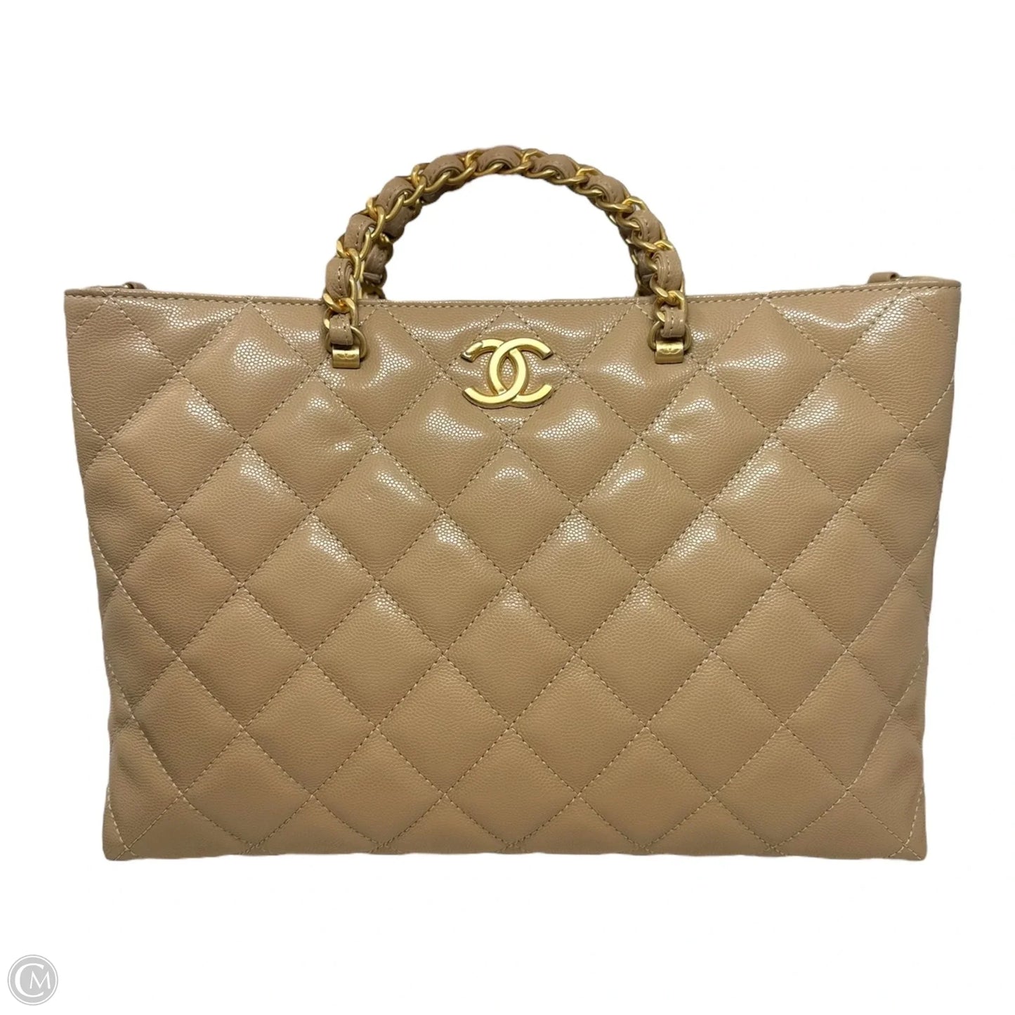 RARE 24S Coco Shiny Caviar Quilted Chain Top Handle Shopping Bag Luxury Designer By Chanel, Size: Medium
