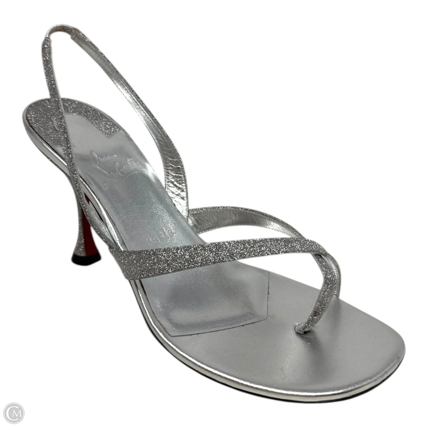 Taralita Glitter 85mm Slingback Heel Sandals Shoes Luxury Designer By Christian Louboutin In Silver, Size: 9 (IT 40)