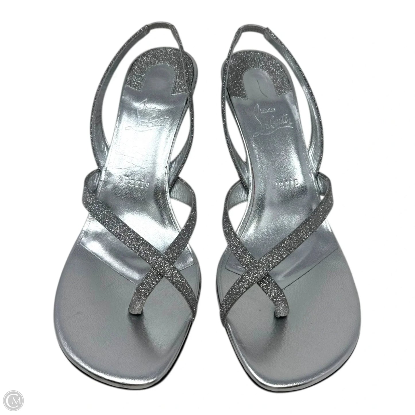 Taralita Glitter 85mm Slingback Heel Sandals Shoes Luxury Designer By Christian Louboutin In Silver, Size: 9 (IT 40)